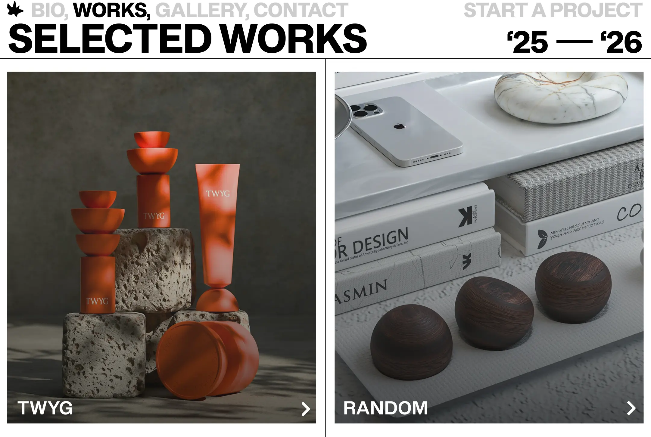 Portfolio selected works layout showing product and lifestyle project cards