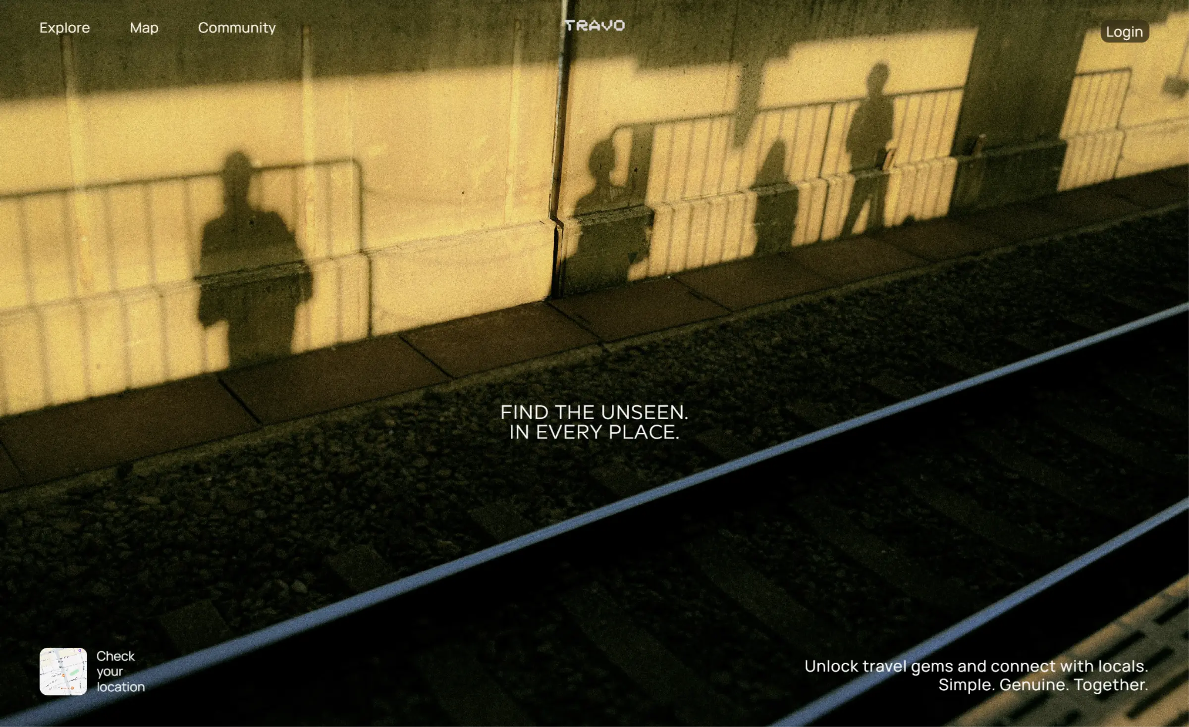 Travel app landing page mockup showing shadows on a wall with the text find the unseen in every place