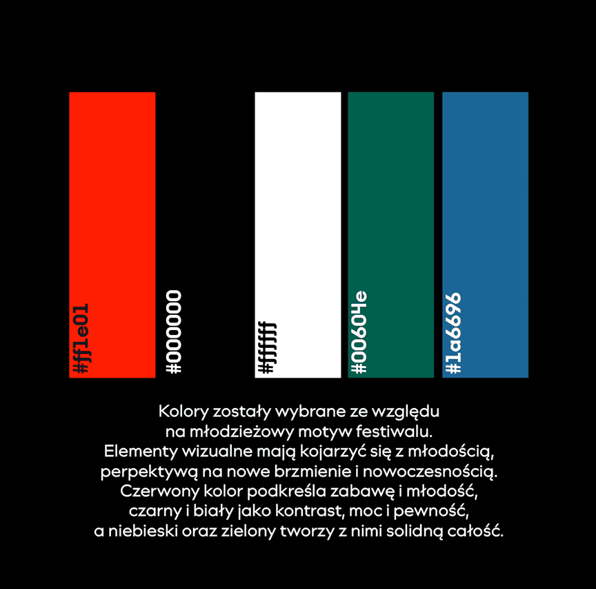 Festival brand color palette with red, black, white, green, and blue swatches